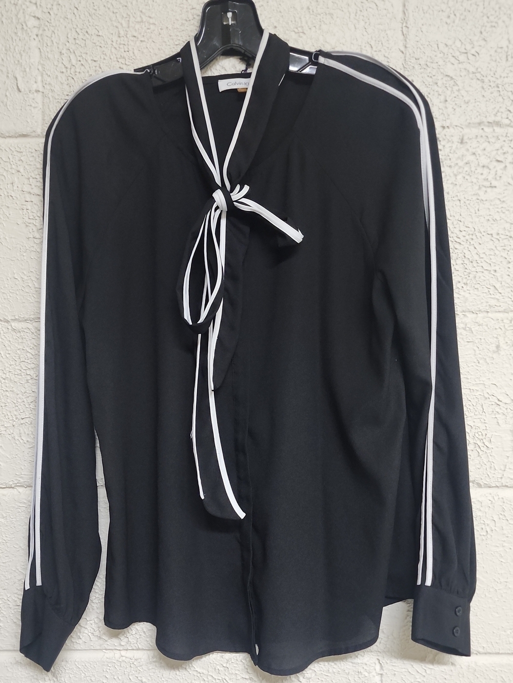 Calvin Klein Black Long-Sleeve Shirt with White Piping and Neck Tie